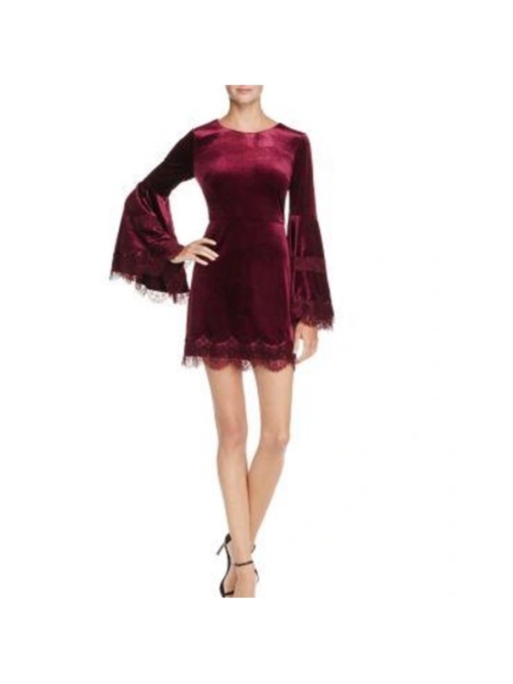 Aqua Burgundy Velvet & Lace Bell Sleeve Mini Dress Party Holiday Womens Size XS